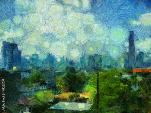 Bangkok city landscape Illustrations creates an impressionist style of painting.