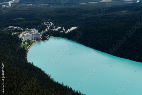 Wallpaper Mural Aerial/top panorama scenic view to turquoise Lake Louise and world famous Fairmont Hotel. Summer season. Banff National Park, Alberta, Canada Torontodigital.ca