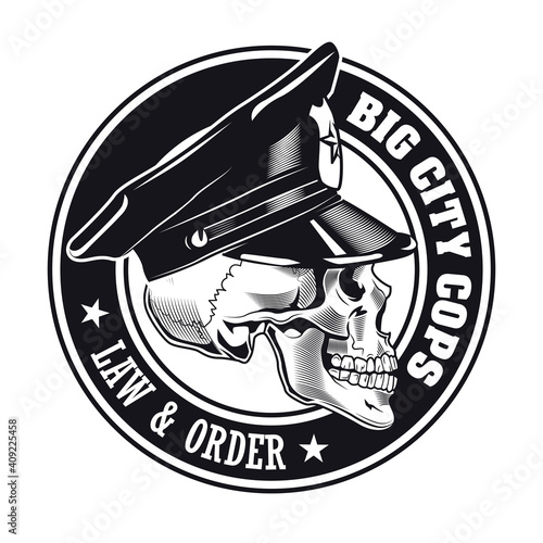 Monochrome big city cops sticker vector illustration. Vintage badge with policeman skull. Law and order concept can be used for retro template, banner or poster