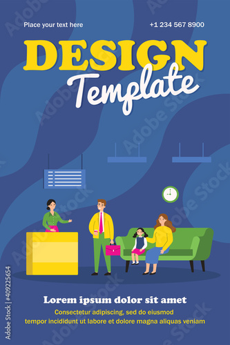 People waiting their turn at check-in counter. Hall with reception, electronic display, cooler flat vector illustration. Hotel, hospital hall concept for banner, website design or landing web page