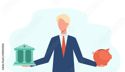 Pensive man choosing between bank and piggybank. Savings, protection, wealth flat vector illustration. Finance and money safety concept for banner, website design or landing web page