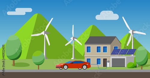 Electric car charging at the charger at house, solar panels, wind turbines in background.