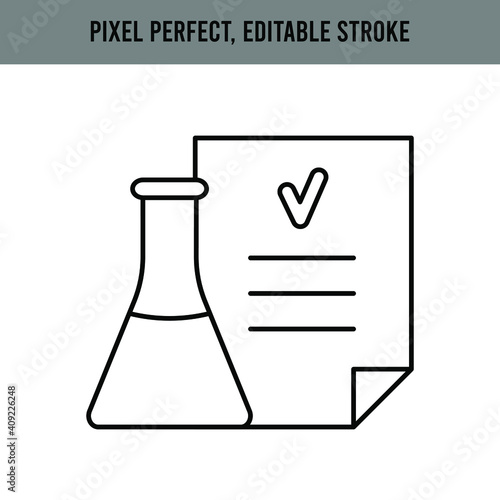 Beaker, flask object. Chemical laboratory research. Proven medicine, vaccine development. Approved treatment. Medical research. Editable Stroke. Vector illustration