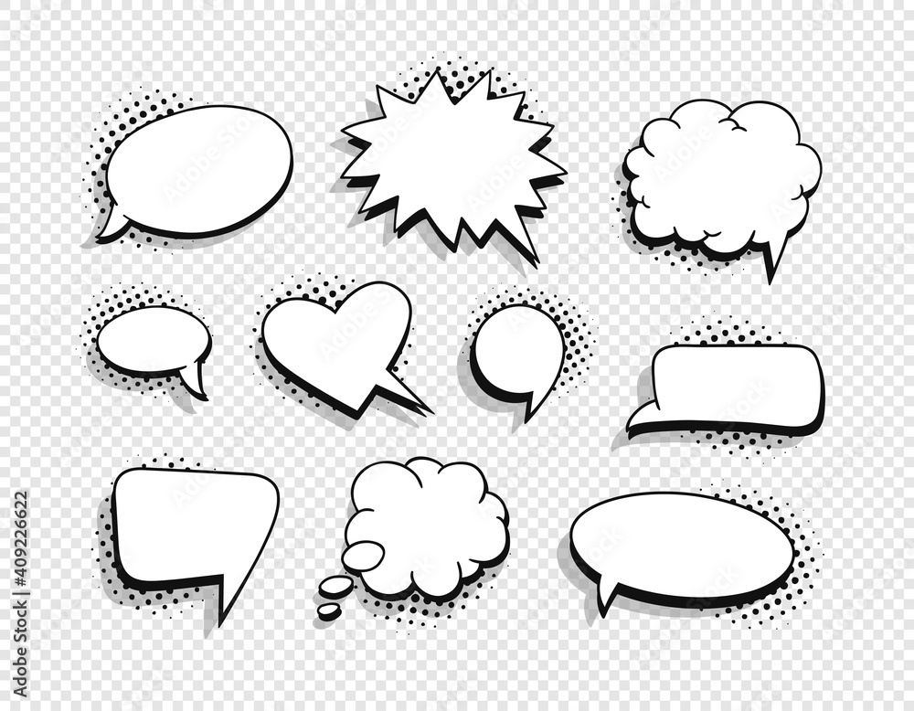Pop art speech bubble without text and Transparent Background. Cartoon style vector collection of frames. Comic illustration Pop art speech bubble without text and Transparent Background. Cartoon style vector collection of frames. Comic illustration