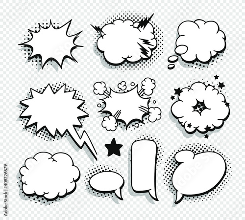 Pop art speech bubble without text and Transparent Background. Cartoon style vector collection of frames. Comic illustration
