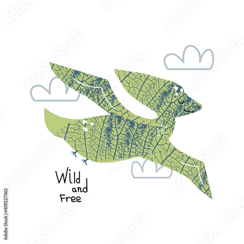 Funny pterodactyl wild and free. Childish trendy print. Vector hand drawn illustration.