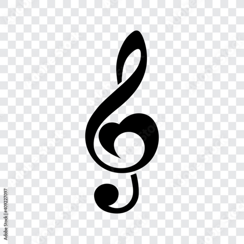 Music note treble clef, heart shape, vector illustration.