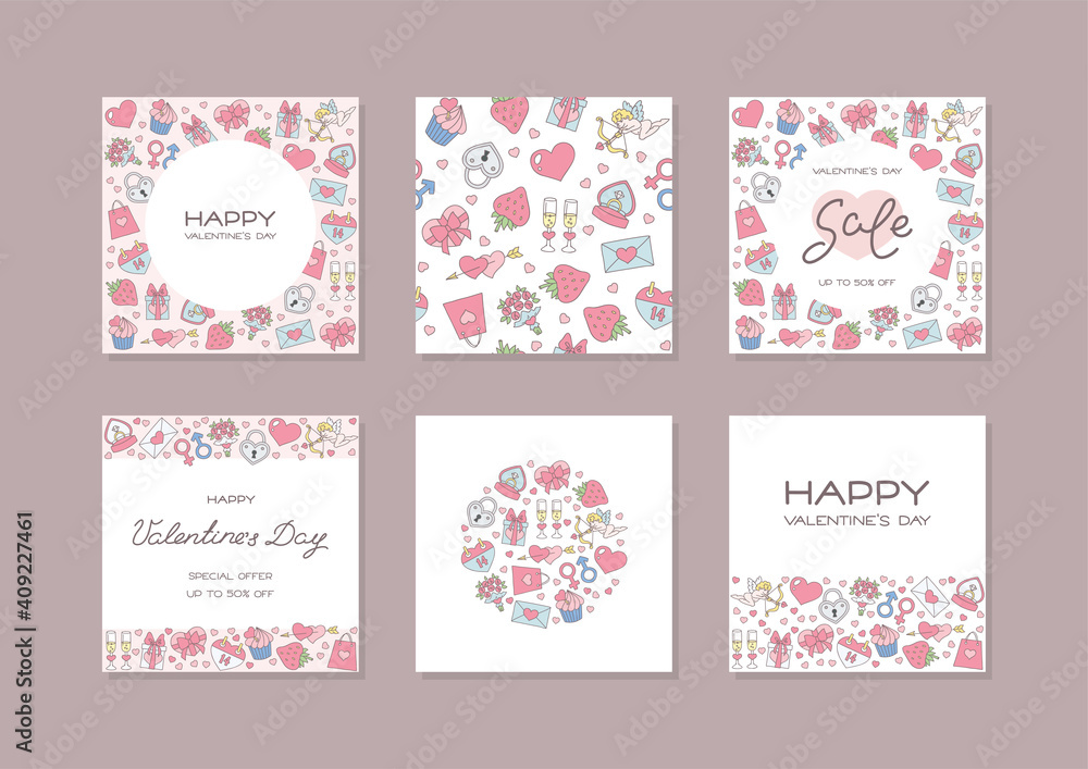 St. Valentine day templates. Romantic backdrops decorated with Valentine's day symbols such as hearts, rings, flowers and cupids. Vector 10 EPS.