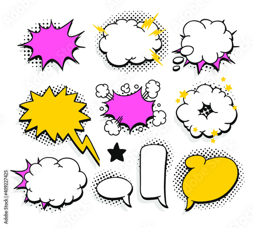Pop art heart speech bubble without text. Cartoon style vector collection of frames. Comic illustration on blue background