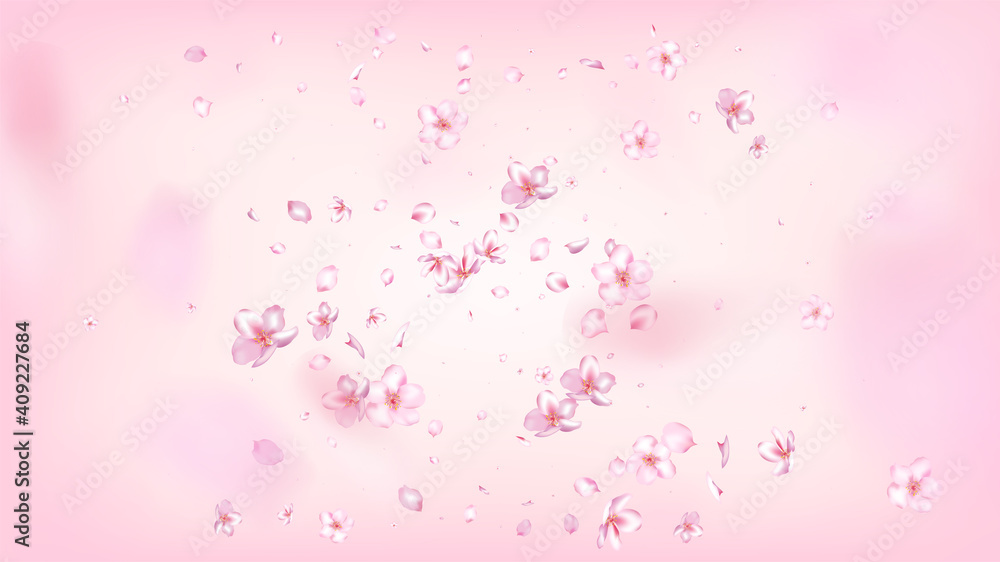 Nice Sakura Blossom Isolated Vector. Pastel Blowing 3d Petals Wedding Border. Japanese Blooming Flowers Illustration. Valentine, Mother's Day Magic Nice Sakura Blossom Isolated on Rose