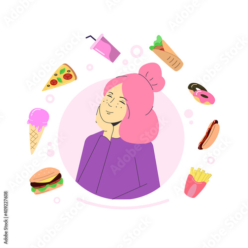 Modern girl dreaming about fast food. Cheeseburger, french fries, ice cream, glazed donut, milkshake, chicken roll, hot dog, pizza. Vector flat illustration. 