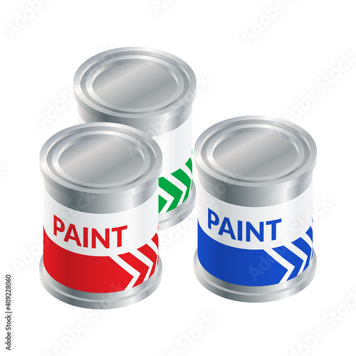 Isometric vector illustration red, green and blue paint buckets isolated on white background. Realistic RGB colors paint cans icon in flat cartoon style. Tin buckets with paint for renovation.