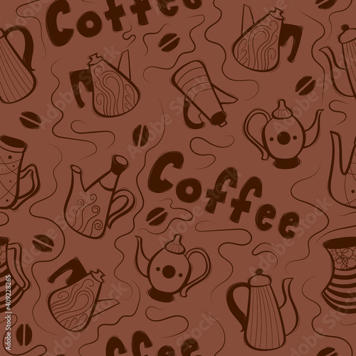Seamless pattern with cute decorative hand drawn coffee pots. Vector illustration.