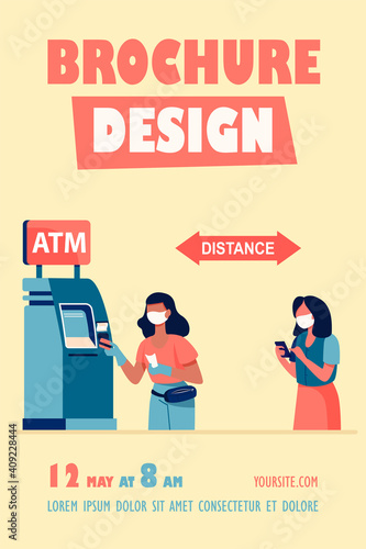 Women using ATM and keeping distance. Money, quarantine, mask flat vector illustration. Finance and pandemic concept for banner, website design or landing web page