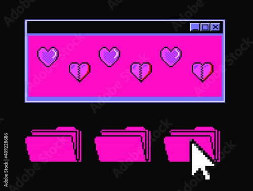 8-bit art message with pixel hearts. Vaporwave trendy retro user interface like in old operating systems.