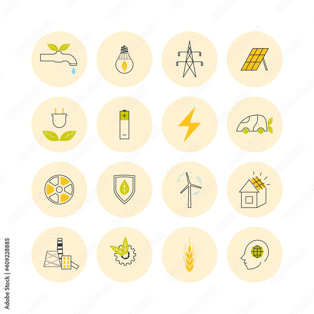 A set of icons about eco-friendly energy and manufacturing in minimalistic style. Vector illustration.