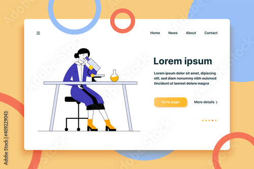 Assistant doing lab research. Woman in white coat using microscope at table with flask flat vector illustration. Laboratory, biochemistry concept for banner, website design or landing web page