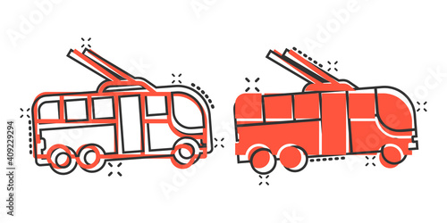 Trolleybus icon in comic style. Trolley bus cartoon vector illustration on white isolated background. Autobus vehicle splash effect business concept.