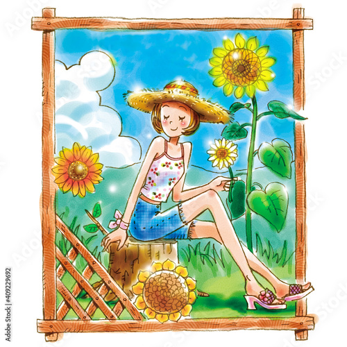 Girl and sunflower enjoying summer