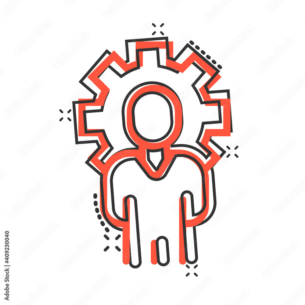 People with gear icon in comic style. Person cogwheel cartoon vector illustration on white isolated background. Teamwork splash effect business concept. People with gear icon in comic style. Person cogwheel cartoon vector illustration on white isolated background. Teamwork splash effect business concept.