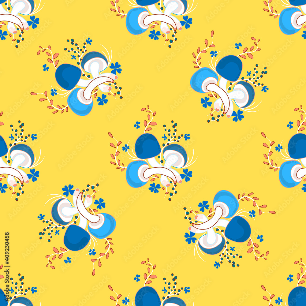 Seamless background with mushrooms. Beautiful single multi-colored mushrooms on a yellow bright background, isolated. Seamless background with mushrooms. Beautiful single multi-colored mushrooms on a yellow bright background, isolated.