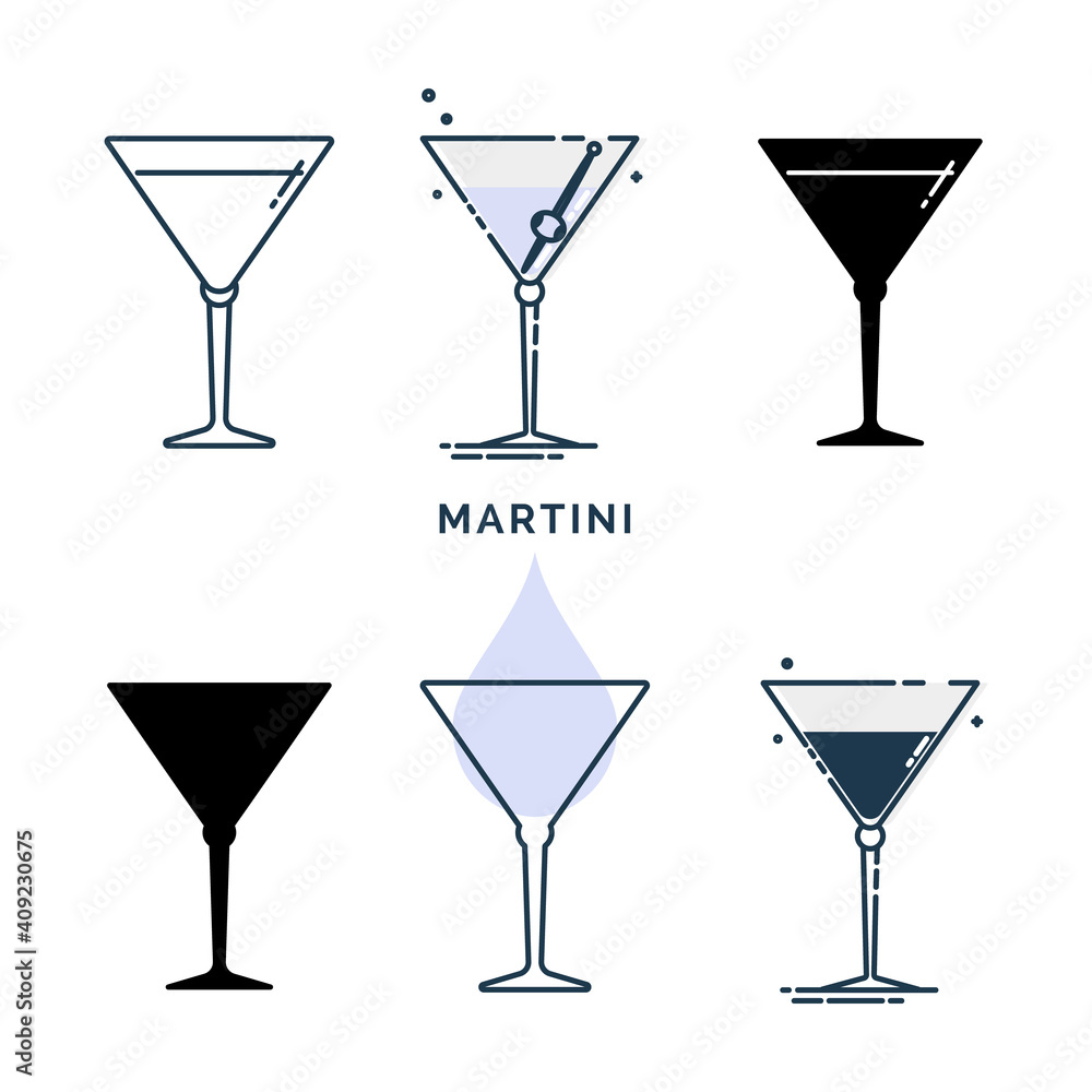 Set of glasses with martini in different styles. Template alcohol beverage for restaurant, bar, pub. Glassware symbol party. Collection one drink. Isolated flat illustration on white background Set of glasses with martini in different styles. Template alcohol beverage for restaurant, bar, pub. Glassware symbol party. Collection one drink. Isolated flat illustration on white background