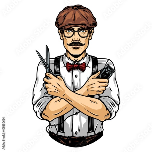 Mustached barber in irish cap and glasses