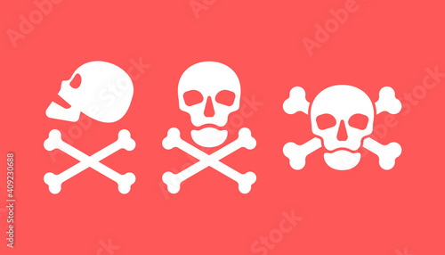 Human skull in side and full face view and crossbones on red background. Isolated illustration in flat style on a red warning square. Three sign poison and symbol. An image of danger to humans