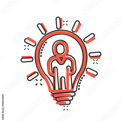 People with bulb icon in comic style. idea cartoon vector collection illustration on white isolated background. Brain mind splash effect business concept.