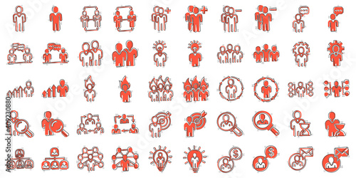 People leadership icon set in comic style. Person cartoon collection vector illustration on white isolated background. User teamwork splash effect business concept.