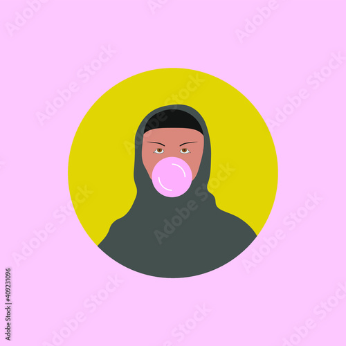background of muslim woman blowing bubble gum