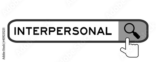 Search banner in word interpersonal with hand over magnifier icon on white background