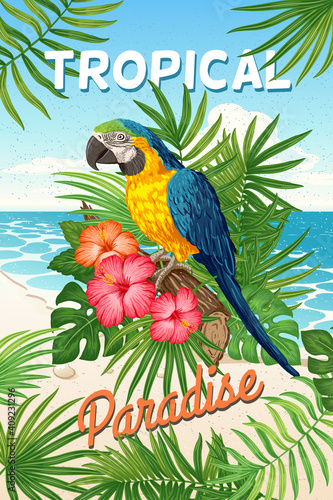 Parrot macaw with tropical plants