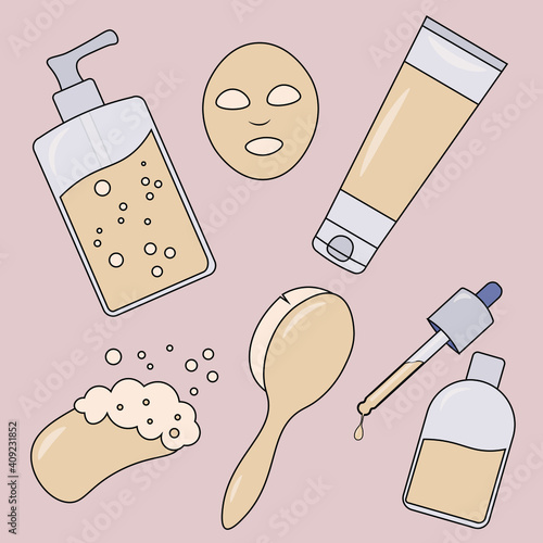 Wonderful beauti cosmetic set vector illustration. Moisturizing face mask, anti-cellulite brush, soap with foam, lotion, gel, cream and serum. Cute pink color stickers skin care logo or icons design