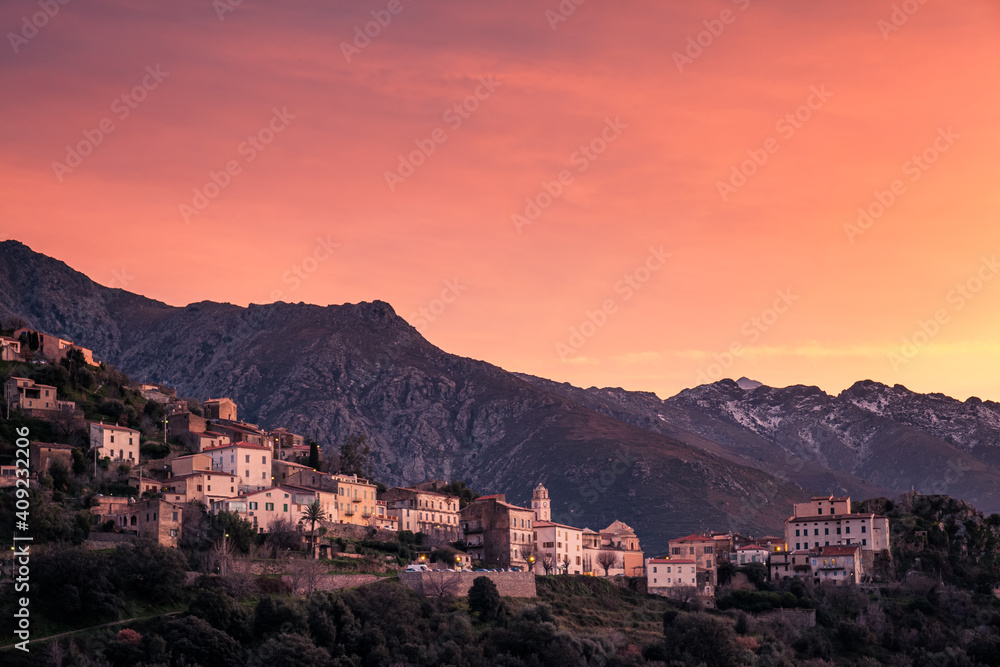 Sunset over Belgodere in Balagne region of Corsica