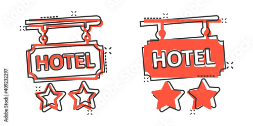 Hotel 2 stars sign icon in comic style. Inn cartoon vector illustration on white isolated background. Hostel room information splash effect business concept.