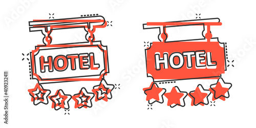 Hotel 4 stars sign icon in comic style. Inn cartoon vector illustration on white isolated background. Hostel room information splash effect business concept.