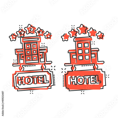 Hotel 5 stars sign icon in comic style. Inn building cartoon vector illustration on white isolated background. Hostel room splash effect business concept.