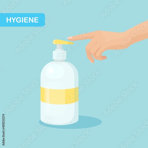Man using hand sanitizer gel or soap with pump dispenser. Hygiene, washing hands. Vector illustration