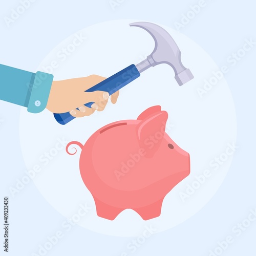 Man hand holds hammer raised above piggy bank with money to break it. Financial savings, problems, need for money. Vector illustration