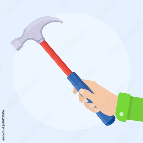 Handyman holds claw hammer in hand. Tool for home repair, construction. Vector illustration