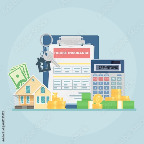 Insurance contract real estate, model house, home keys and stack of money. Vector illustration