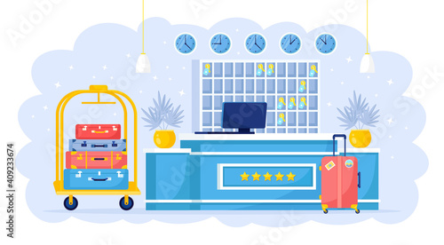 Hotel reception for guest. Desk with computer, luggage cart. Vector illustration