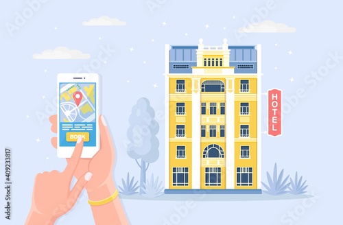 Hand hold smart phone with app for hotel search and online booking. Mobile application for reservation, rent apartment. Man finds and order motel room by mobile phone. Vector cartoon design