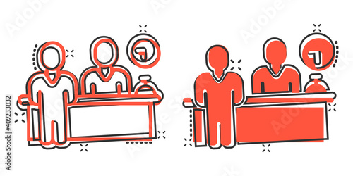 Check in reception icon in comic style. Booking service cartoon vector illustration on white isolated background. Hotel reservation splash effect business concept.