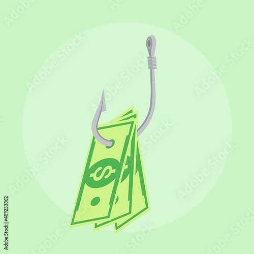 Dollar cash on fishing hook. Money trap. Hidden wages, salaries, payments, tax evasion, bribery. Anti corruption. Vector illustration