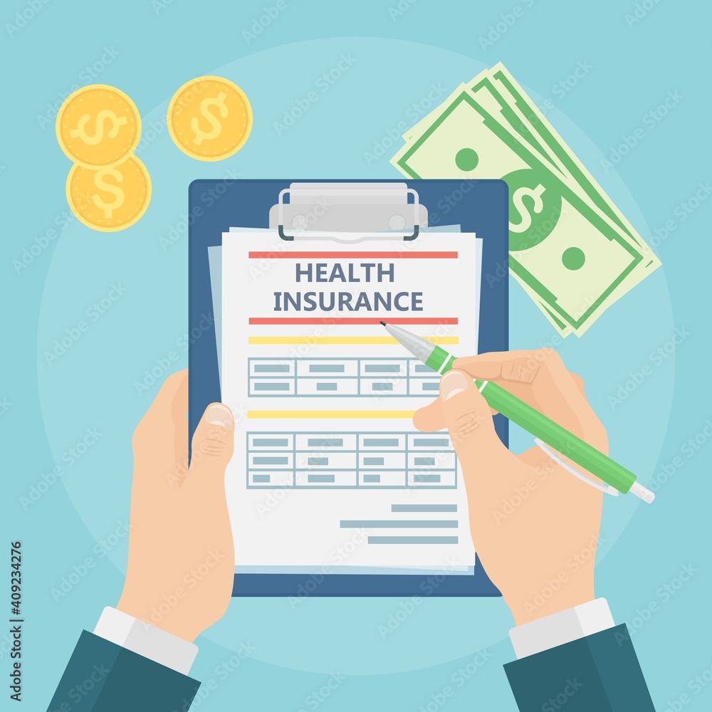 Man fills in the form of health insurance. Healthcare concept. Claim form and money. Vector illustration Man fills in the form of health insurance. Healthcare concept. Claim form and money. Vector illustration