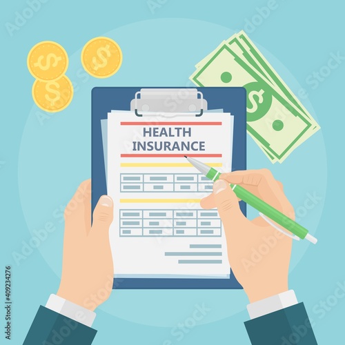 Man fills in the form of health insurance. Healthcare concept. Claim form and money. Vector illustration