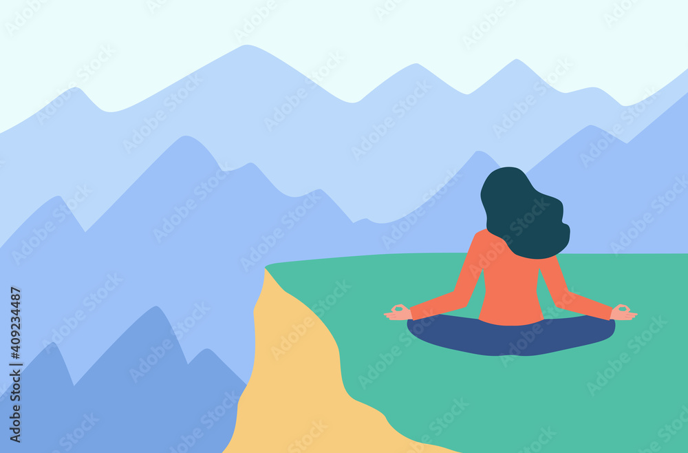Back view of lady meditating in mountains. Yoga, nature, mind flat vector illustration. Relaxation and healthcare concept for banner, website design or landing web page Back view of lady meditating in mountains. Yoga, nature, mind flat vector illustration. Relaxation and healthcare concept for banner, website design or landing web page
