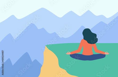 Back view of lady meditating in mountains. Yoga, nature, mind flat vector illustration. Relaxation and healthcare concept for banner, website design or landing web page